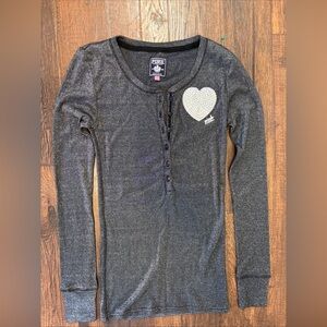 Y2K PINK Victoria's Secret Charcoal Henley Top with Sparkle Heart